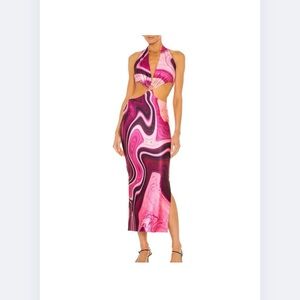 Farai London Pink and Black Swirl Midi Dress